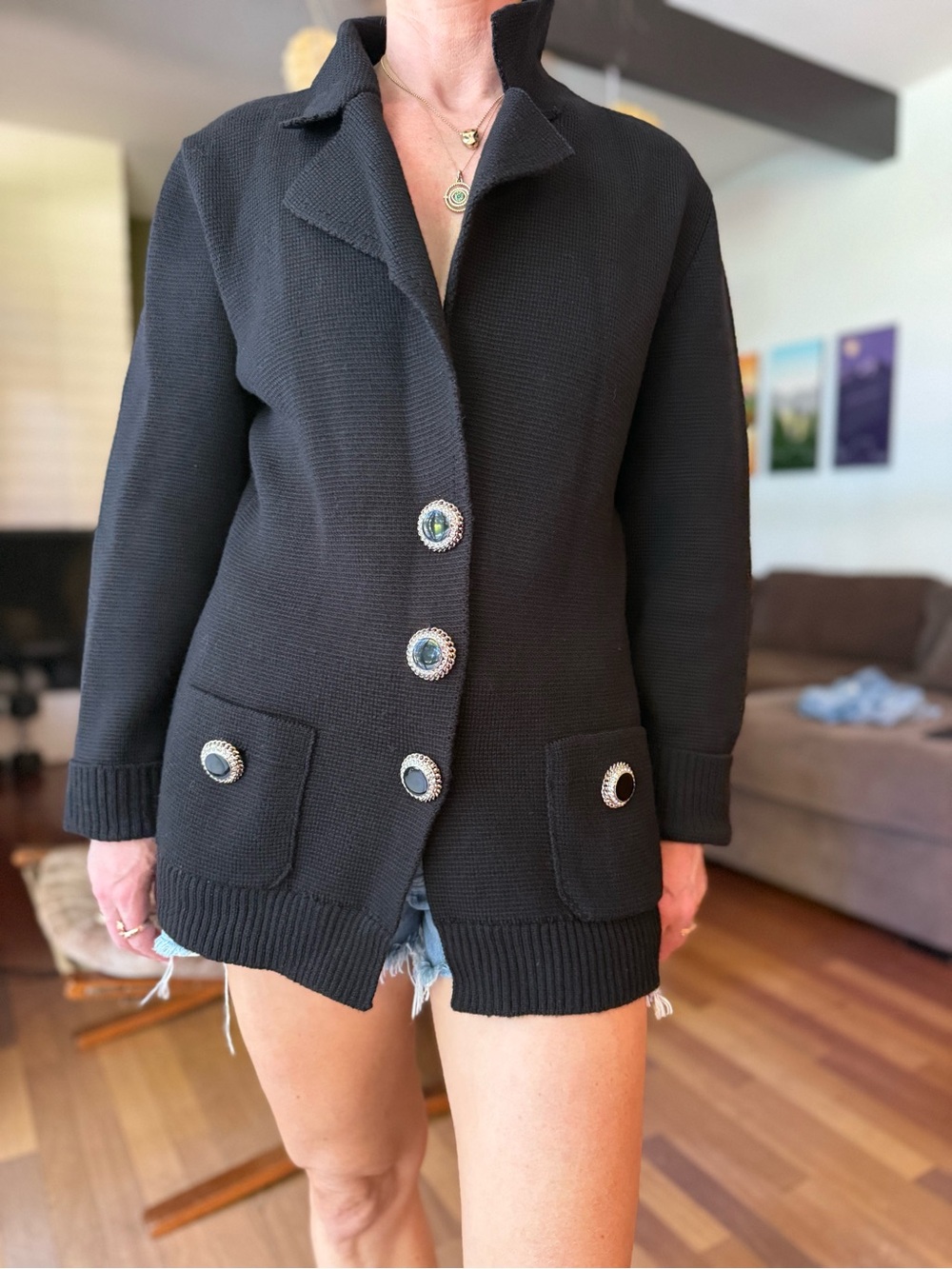 Alessandra Rich Black Knit Cardigan with Decorative Buttons